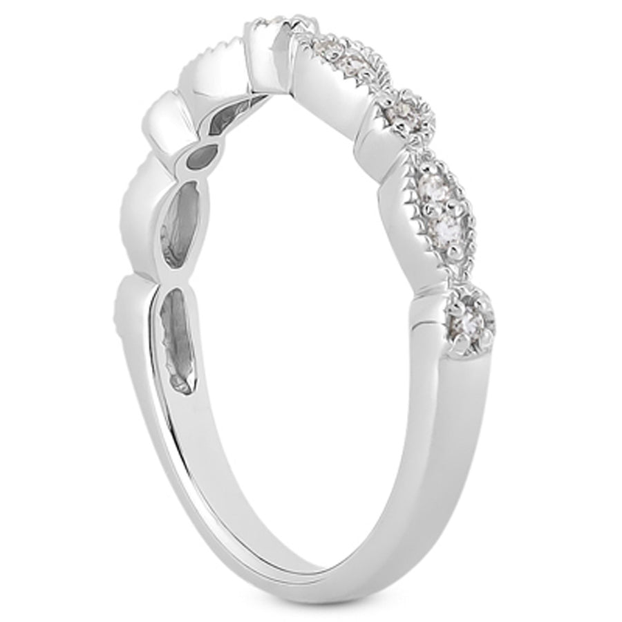 Vintage Look Fancy Pave Diamond Milgrain Wedding Ring Band - 14k White Gold