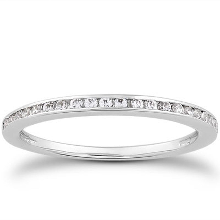 Slim Profile Diamond Channel Set Wedding Ring Band - 14k White Gold