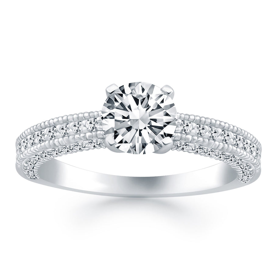 Diamond Micropave Milgrain Engagement Ring - 14k White Gold