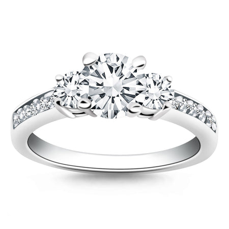 Three Stone Engagement Ring W/ Diamond Band - 14k White Gold