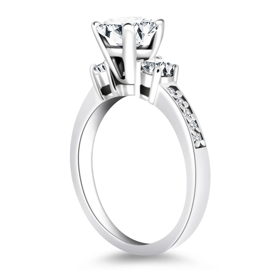 Three Stone Engagement Ring W/ Diamond Band - 14k White Gold