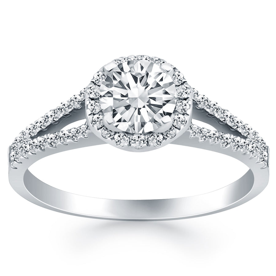 Diamond Halo Split Shank Engagement Ring - 14k White Gold