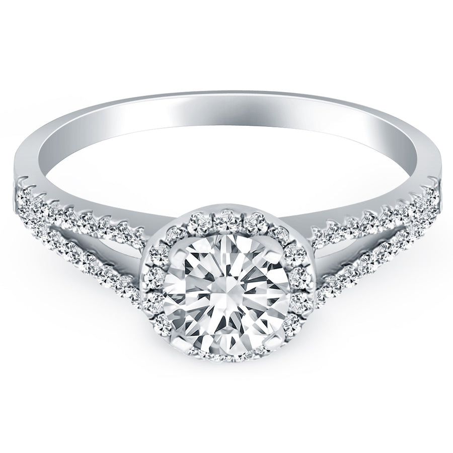 Diamond Halo Split Shank Engagement Ring - 14k White Gold