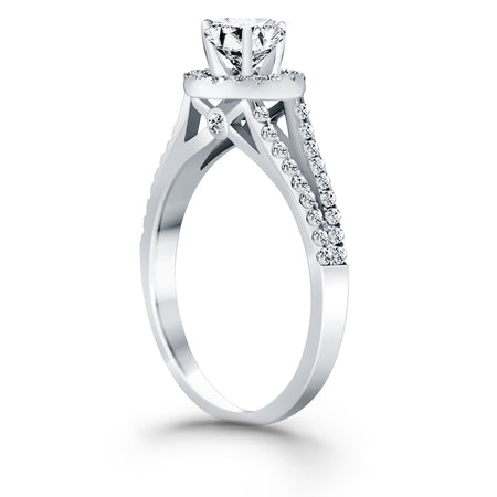 Diamond Halo Split Shank Engagement Ring - 14k White Gold