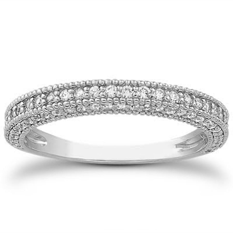 Fancy Pave Diamond Milgrain Textured Wedding Ring Band - 14k White Gold