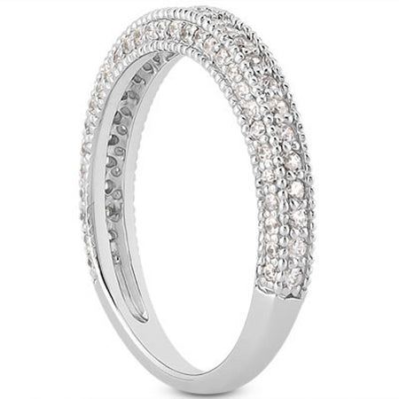 Fancy Pave Diamond Milgrain Textured Wedding Ring Band - 14k White Gold