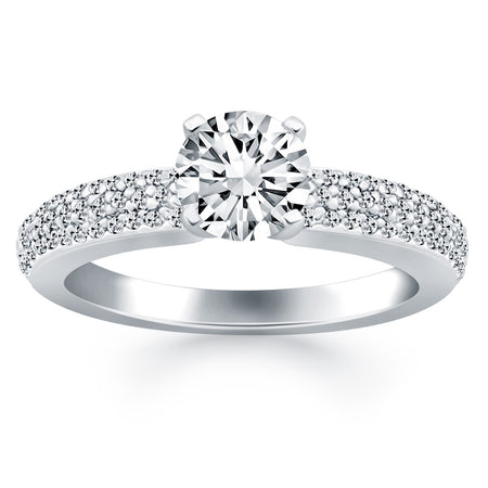 Triple Row Pave Diamond Engagement Ring - 14k White Gold
