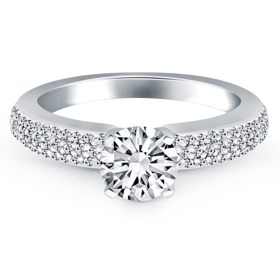 Triple Row Pave Diamond Engagement Ring - 14k White Gold