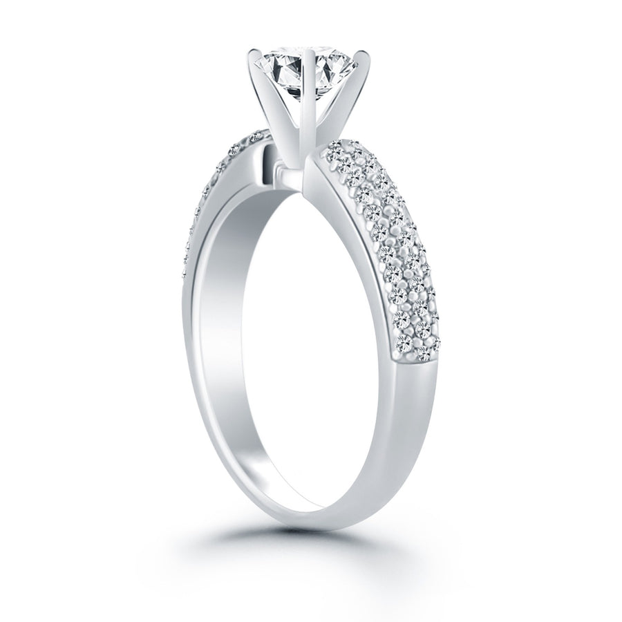 Triple Row Pave Diamond Engagement Ring - 14k White Gold