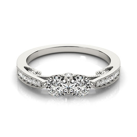 (3/4 cttw) Two Stone Diamond Ring With Milgrain Design - 14k White Gold