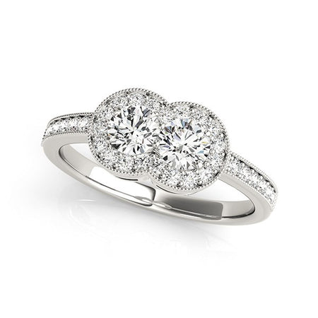 (3/4 cttw) Two Stone Diamond Halo Ring - 14k White Gold