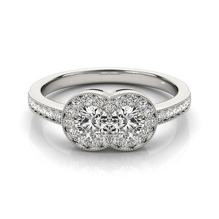 (3/4 cttw) Two Stone Diamond Halo Ring - 14k White Gold