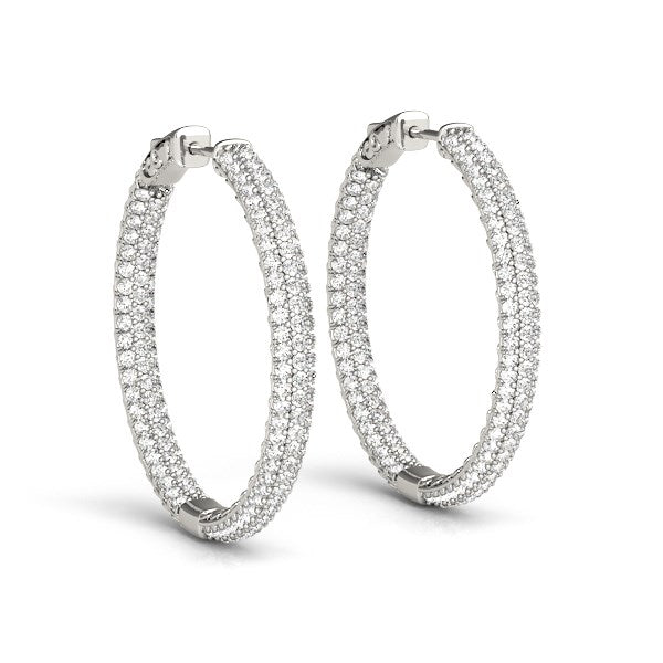 (7 cttw) Two Row Pave Set Diamond Hoop Earrings - 14k White Gold
