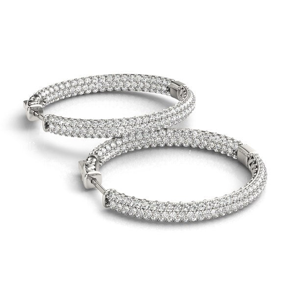 (7 cttw) Two Row Pave Set Diamond Hoop Earrings - 14k White Gold