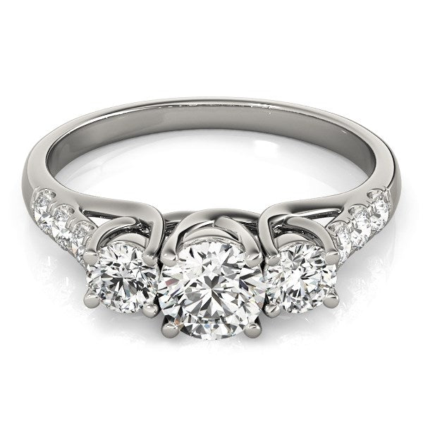 (1 1/8 cttw) Trellis Set 3 Stone Round Diamond Engagement Ring - 14k White Gold
