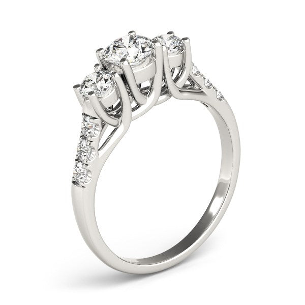 (1 1/8 cttw) Trellis Set 3 Stone Round Diamond Engagement Ring - 14k White Gold