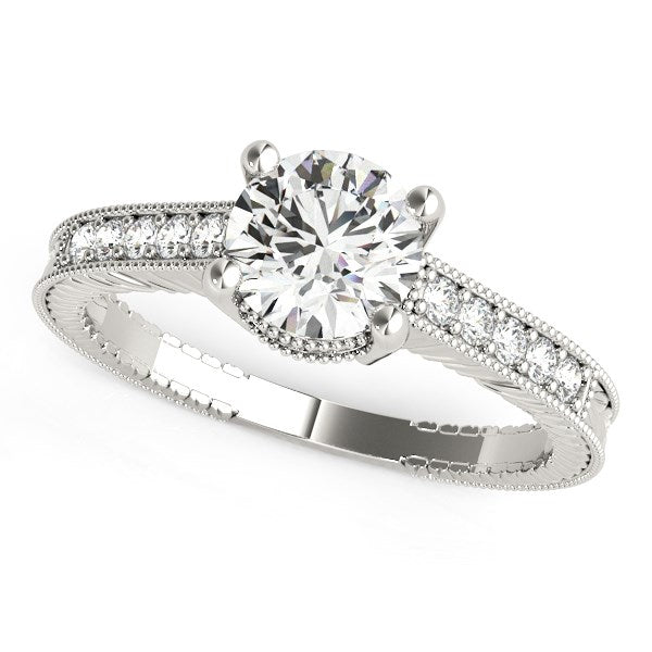 (1 1/8 cttw) Round Antique Style Diamond Engagement Ring - 14k White Gold