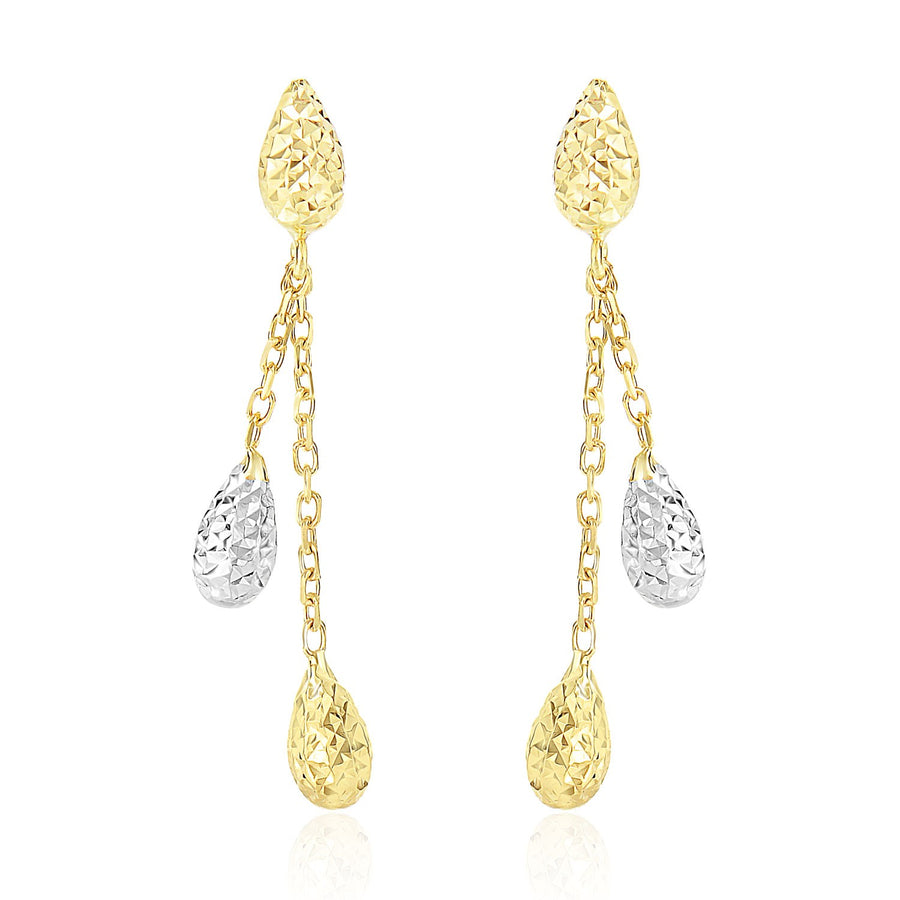 Double Row Chain Earrings W/ Diamond Cut Teardrops - 14k Two-Tone Gold