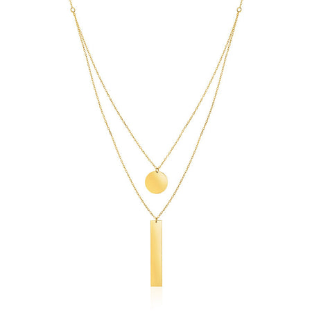 14k Yellow Gold 18 inch Two Strand Necklace with Circle and Bar Pendants