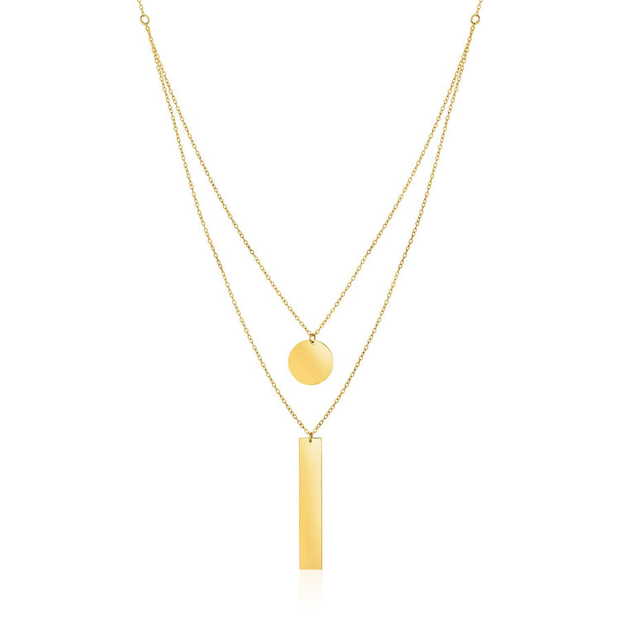 14k Yellow Gold 18 inch Two Strand Necklace with Circle and Bar Pendants