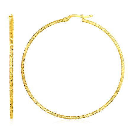 Large Textured Hoop Earrings - 14k Yellow Gold, (50mm Diameter), (1.5mm)