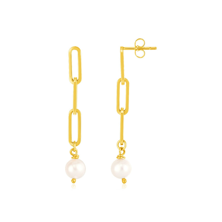 14k Yellow Gold Paperclip Chain Link Earrings with Pearls
