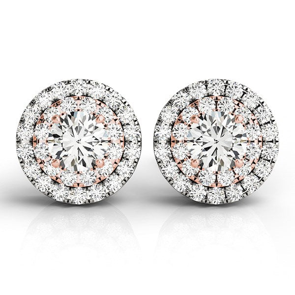 (3/4 cttw) Round Halo Diamond Earrings - 14k White and Rose Gold