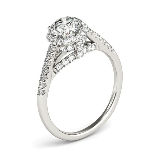 (1 3/8 cttw) Round Cut Pave Set Shank Diamond Engagement Ring - 14k White Gold