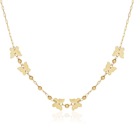 14k Yellow Gold 18 inch Necklace with Polished Butterflies and Beads