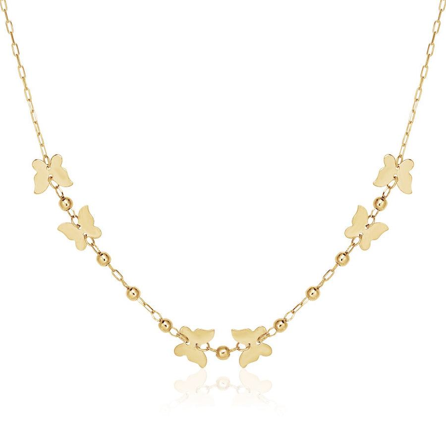 14k Yellow Gold 18 inch Necklace with Polished Butterflies and Beads