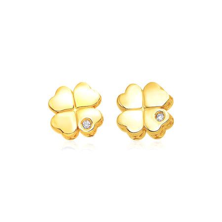 Polished Four Leaf Clover Earrings W/ Diamonds - 14k Yellow Gold