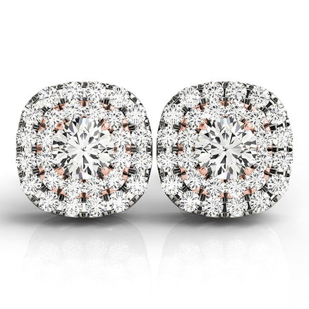 (3/4 cttw) Cushion Shape Halo Diamond Earrings - 14k White and Rose Gold