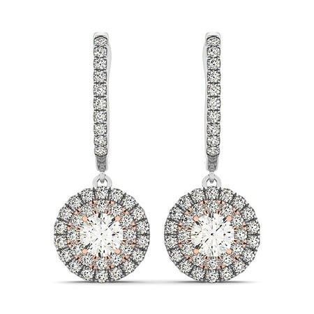 (3/4 cttw) Drop Diamond Earrings W/ A Halo Design - 14k White And Rose Gold