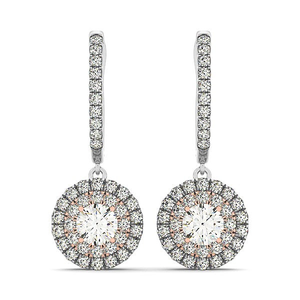 (3/4 cttw) Drop Diamond Earrings W/ A Halo Design - 14k White And Rose Gold