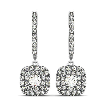 (3/4 cttw) Double Halo Cushion Outer Shaped Diamond Earrings - 14k White Gold
