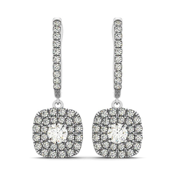 (3/4 cttw) Double Halo Cushion Outer Shaped Diamond Earrings - 14k White Gold