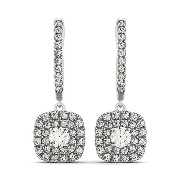 (3/4 cttw) Double Halo Cushion Outer Shaped Diamond Earrings - 14k White Gold