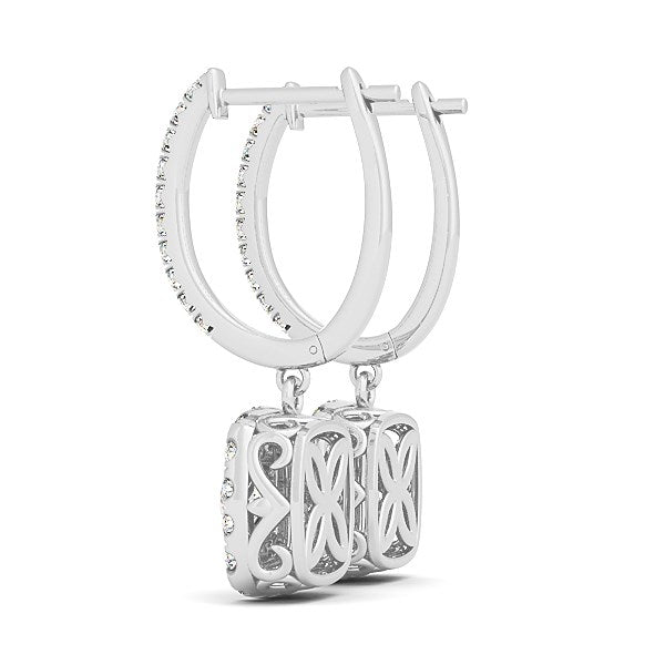(3/4 cttw) Double Halo Cushion Outer Shaped Diamond Earrings - 14k White Gold