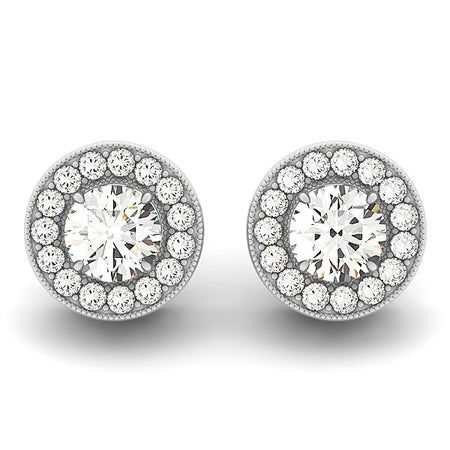 (3/4 cttw) Round Diamond Halo Milgrain Border Earrings - 14k White Gold