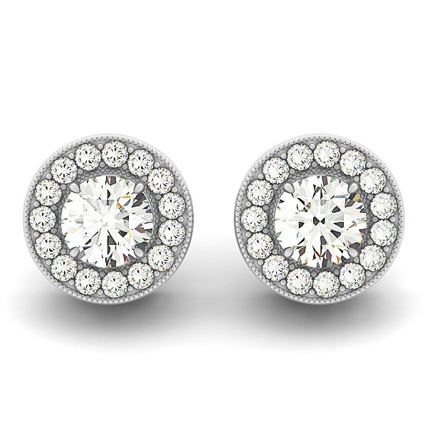 (3/4 cttw) Round Diamond Halo Milgrain Border Earrings - 14k White Gold