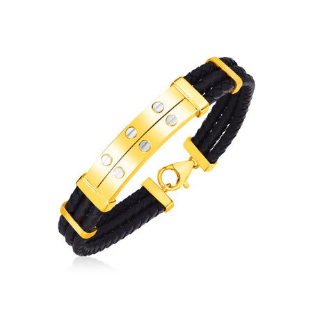 14k Yellow Gold and Rubber Mens Bracelet with Two Riveted Bars