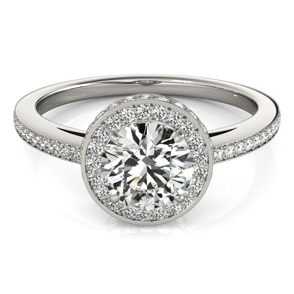 (1 1/2 cttw) Round Diamond Engagement Ring W/ Pave Set Halo -  14k White Gold