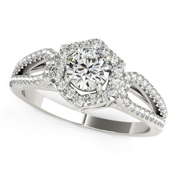 (7/8 cttw) Diamond Engagement Ring with Hexagon Halo Border - 14k White Gold