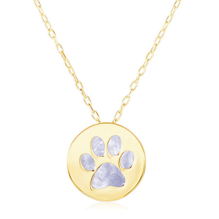 14k Yellow Gold Necklace with Dog Paw Print Symbol in Mother of Pearl