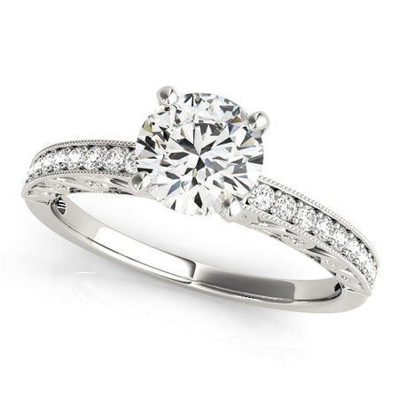 (1 1/8 cttw) Antique Style Diamond Engagement Ring -  14k White Gold