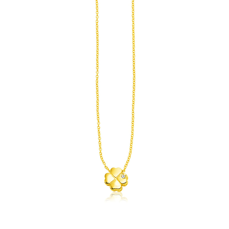 14k Yellow Gold Polished Four Leaf Clover Necklace with Diamond