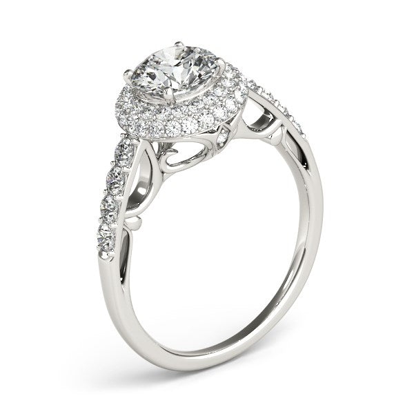 (1 1/2 cttw) Halo Style Diamond Engagement Pave Shank Ring - 14k White Gold