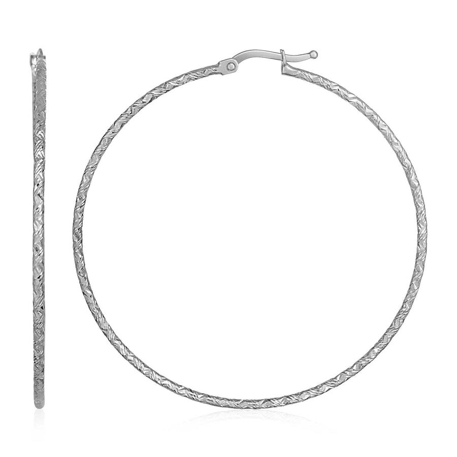 (1.5mm) Large Textured Hoop Earrings - 14k White Gold, (50mm Diameter)
