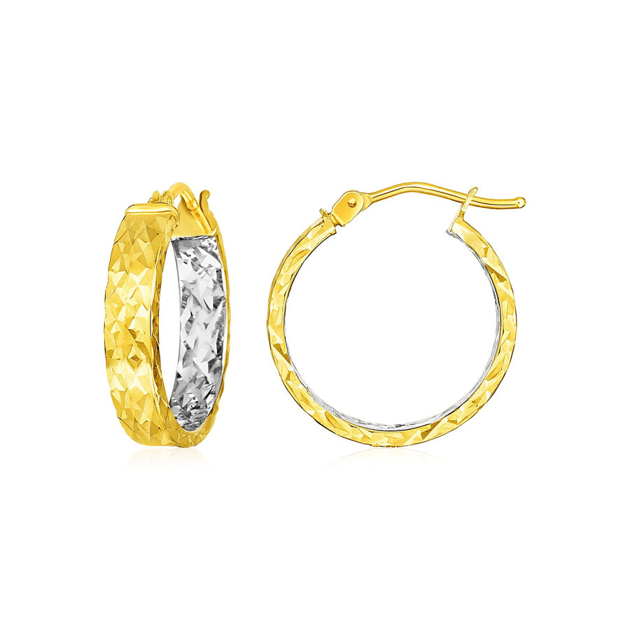 Wide Hoop Earrings W/ Diamond Cut Texture - 14k Yellow Gold