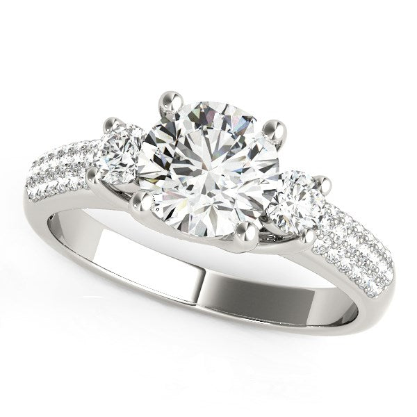 (1 7/8 cttw) 3 Stone Pave Set Band Diamond Engagement Ring - 14k White Gold